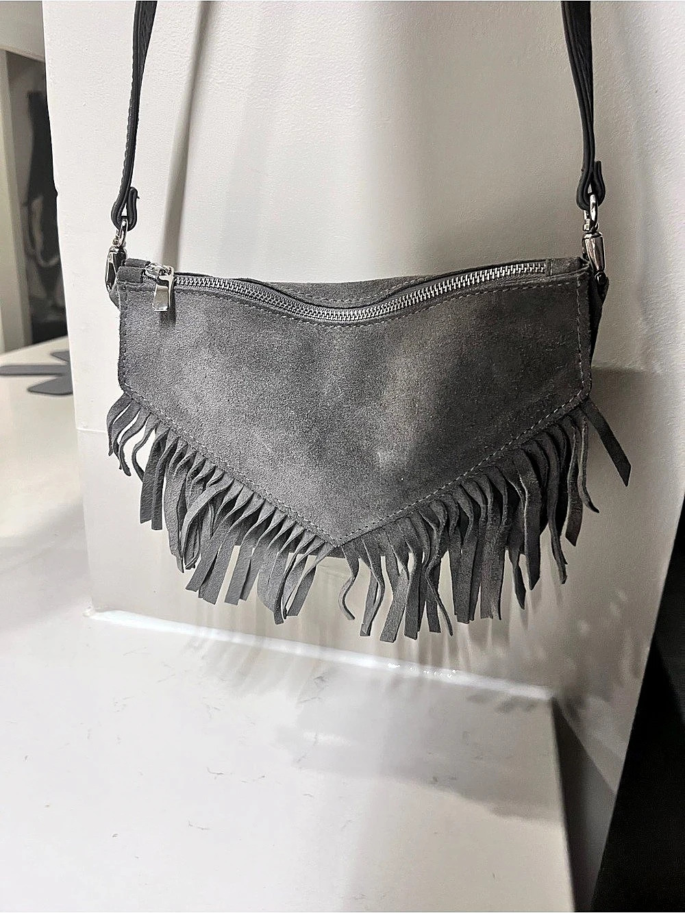Gray Fringe Crossbody Bag